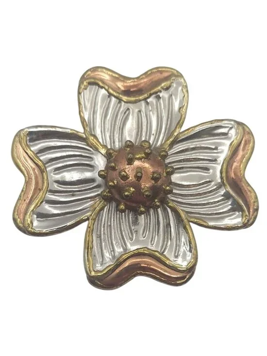 Brutalist Dogwood Flower Three Tone Metal Brooch Pin Pendant Signed SJ Vintage