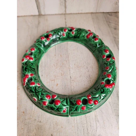 Vintage ceramic wreath centerpiece candle holder Xmas set mistletoe home