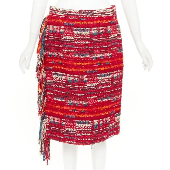 Chanel red cotton tweed fringe wrap skirt