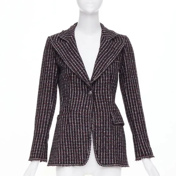 Chanel check striped tweed cashmere wool fringe blazer