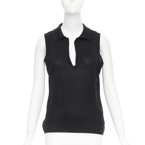 Chanel black CC logo sleeveless white trim knit polo top