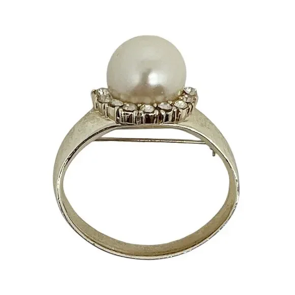 🔥 Vintage Large Faux Pearl and Rhinestone Ring Brooch Pin Gold Tone