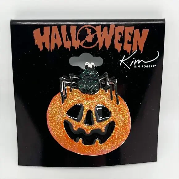 🔥 New Kim Rogers Halloween Glitter Jack-o-Lantern and Spider Brooch Pin