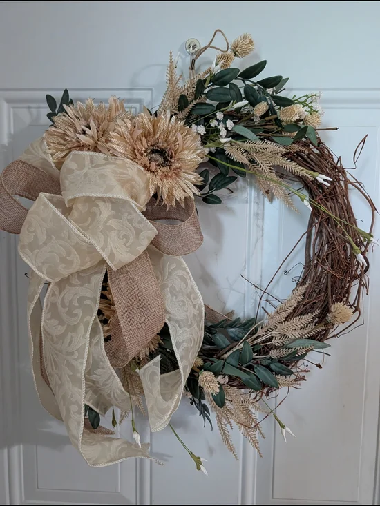 Handmade Fall  Cream & Green Grapevine Wreath with Burlap Bow
