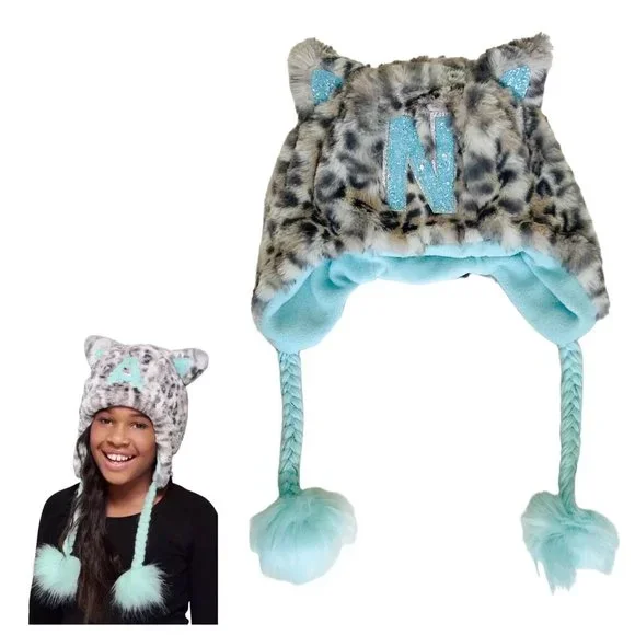 Justice Girl’s Letter N One Size Cheetah Cat Earflap Hat Faux Fur Grey Teal Blue