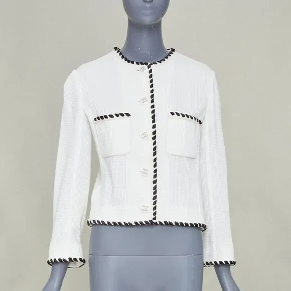Chanel twisted braided trim waffle knit crystal CC jacket