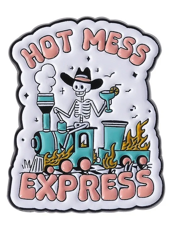 Hot Mess Express Enamel Pin | Funny Skeleton Cowboy Train Lapel Pin.