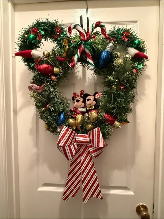 Disney-Inspired Green Mickey Holiday Wreath with Red & White Bow