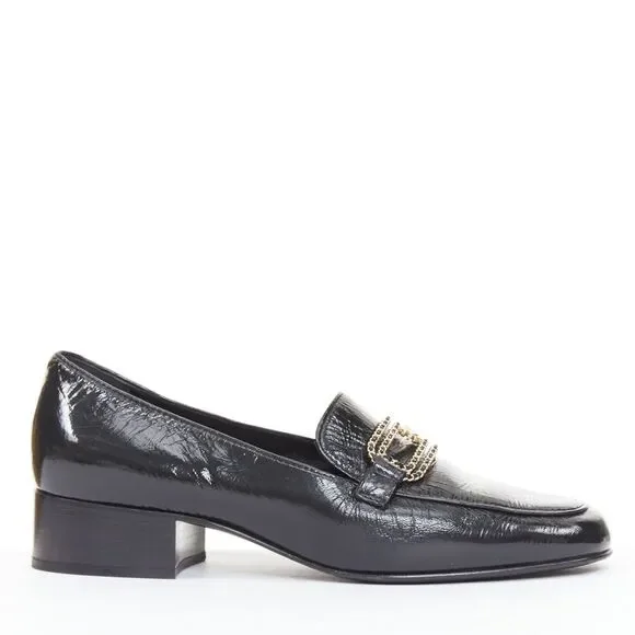 Chanel black textured calfskin gold CC chain link moccasin