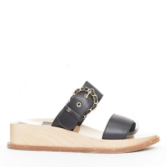 Chanel black calfskin chain buckle wooden slide wedge sandals
