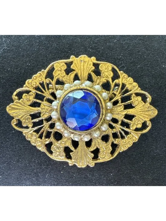 Vtg Gold-Tone Brooch Blue Faceted Glass Stone Faux Pearl Accents Floral Filigree
