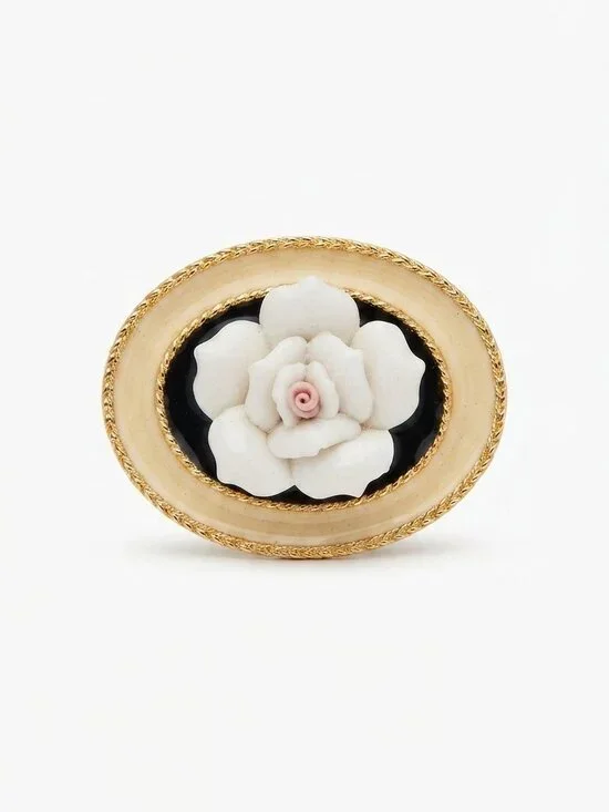 Vintage Ceramic White Rose Cameo Brooch | Oval Black and Gold-Tone Floral Pin