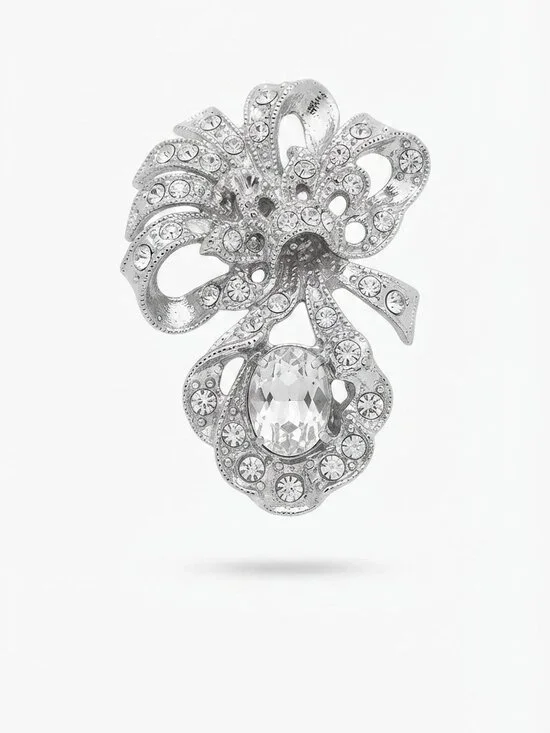 Vintage Silver-Tone Crystal Bow and Droplet Brooch | Retro Rhinestone Scarf Clip