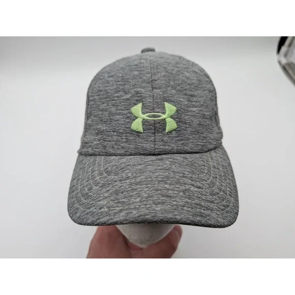Under Armour Youth Gray Heathered Adjustable Baseball Hat Lime Green Logo OSFA