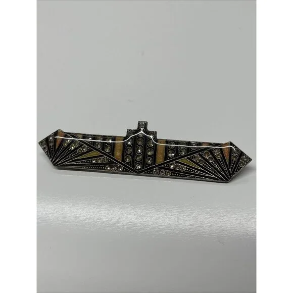 Vtg PIERRE BEX? Style JEWELRY ART DECO Ocean Liner ENAMEL BROOCH Pin Rhinestones