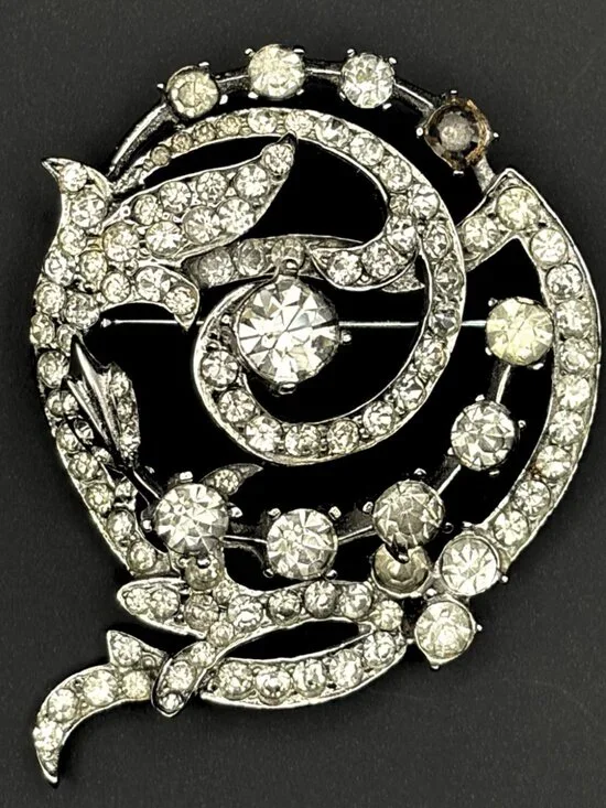 Vintage Crystal Rhinestone Brooch Pin Silver Tone Statement Swirl Jewelry