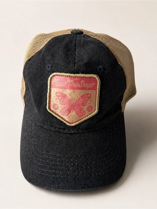 Vintage style bass pro shops pink / navy butterfly trucker hat, size: youth
