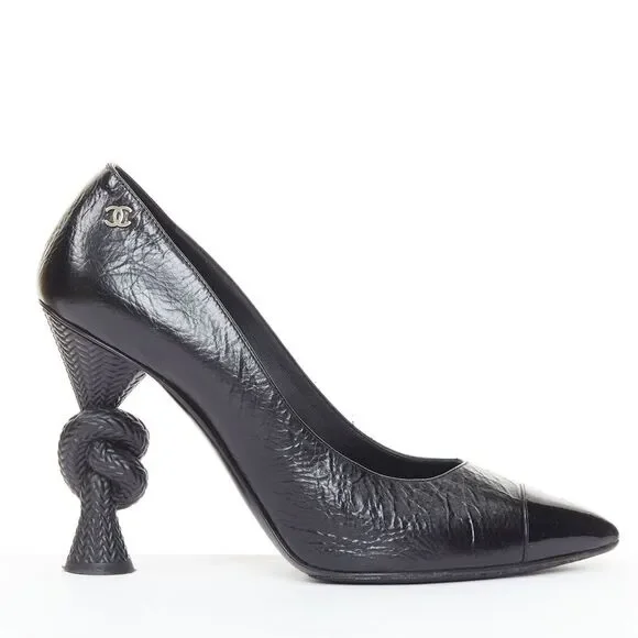 Chanel Sculpted Sailor Knot black leather CC cap toe pumps