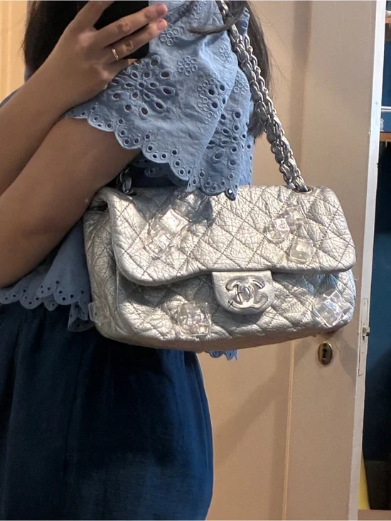 Chanel Silver Quilted Shoulder Bag ice cube 🧊 jumbo