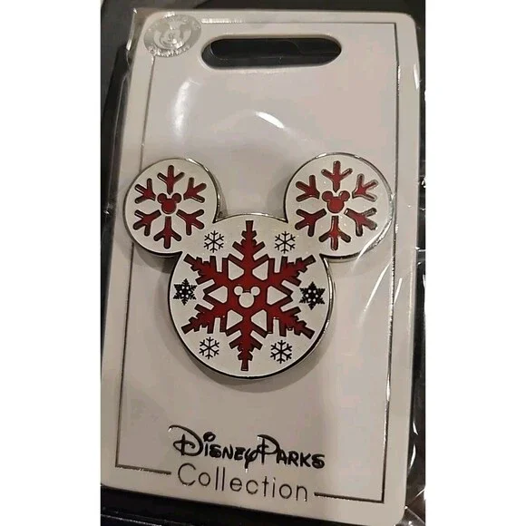 Disney Pin Mickey Mouse Head Icon Snowflakes White Glitter Holiday 118465‎