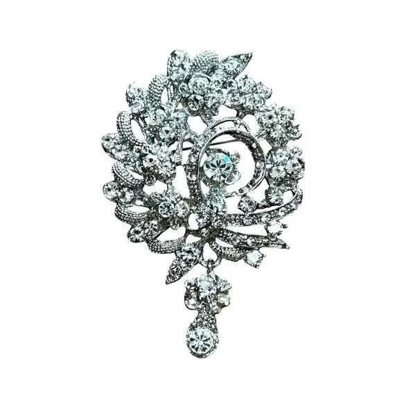 Silvertone statement brooch clear white rhinestones dangle teardrop Victoriana