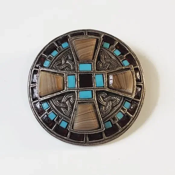 Vintage MIRACLE Celtic Cross Glass Stone Brooch Pin