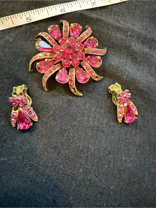 Vintage Pink Crystal Flower Brooch and Clip-On Earrings Set