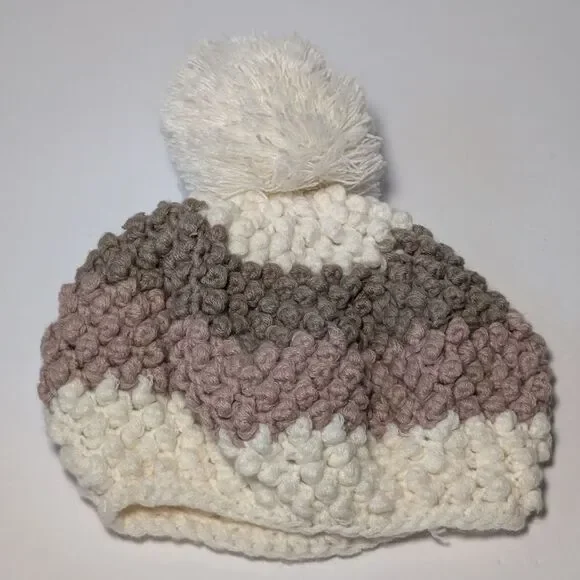 GB Girls Cozy Kids Pom-Pom Beanie Cream, Taupe & Blush Soft