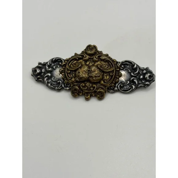 Victorian Style Cherub Brooch Silver Gold Filigree Angel Pin