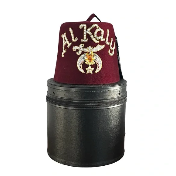 VINTAGE AL KALY SHRINERS FEZ HAT WITH RHINESTONES & SCIMITAR EMBLEM