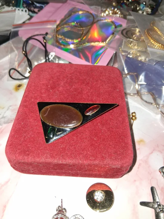 Source Unknown Black Triangle Brooch with Brown Accents