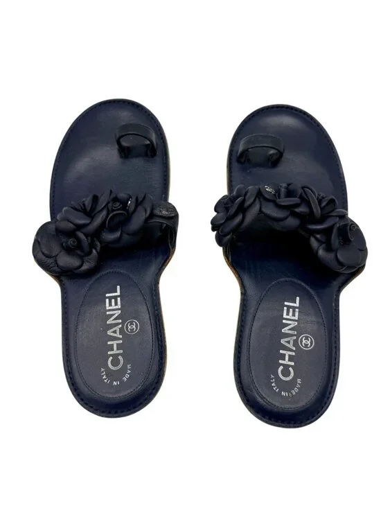 Chanel Camellia CC Logo Leather Sandals Navy Blue - Size 7