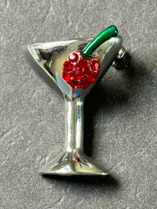Martini Glass Brooch/Pendant Silver with Red Rhinestone Cherry Green Enamel