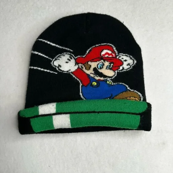 Super Mario Embroidered Black Knit‎ Beanie Hat One Size Nintendo 2017
