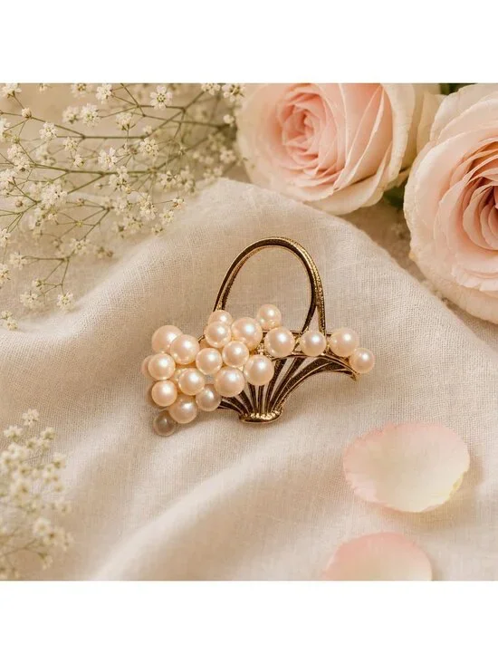 Faux Pearl Brooch Grape Basket VTG Gold Tone Fruit Pin Cluster Vineyard Jewelry