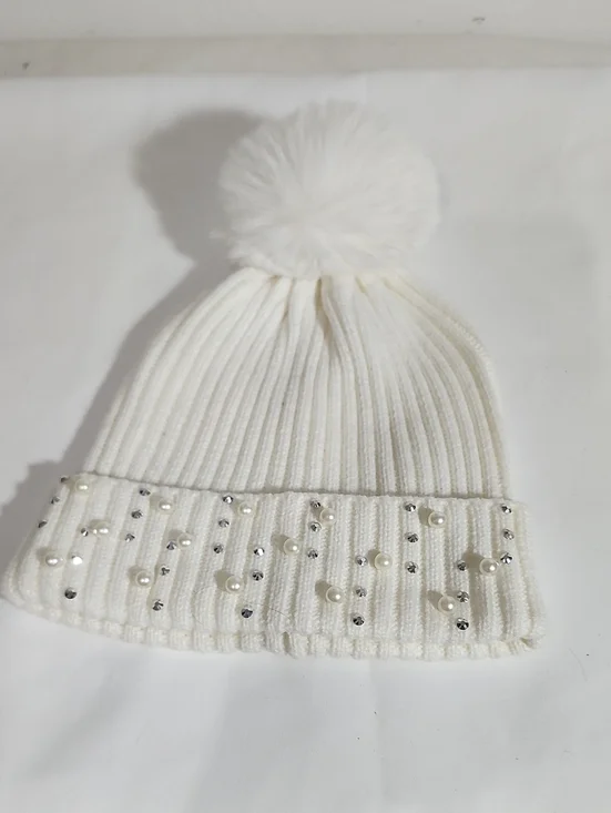 Women White Pom-Pom Beanie Hat with Pearls and Rhinestones