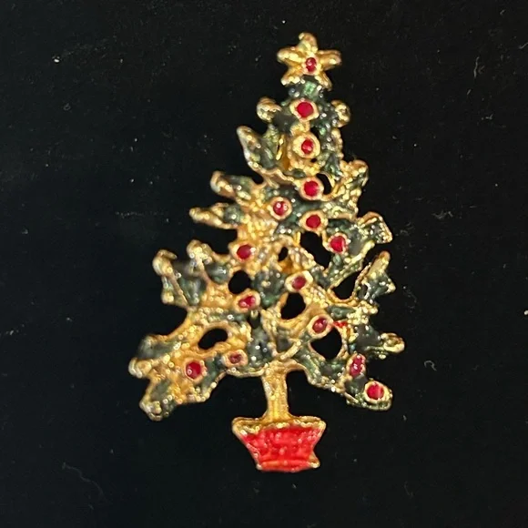 Gold Christmas Tree Brooch with Red and‎ Green Accents