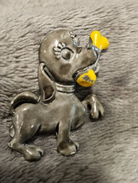 Vintage enamel brooch/pin - gray puppy holding a yellow bone.