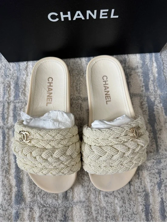 Chanel Cream Pearl Braided Beaded Slide Sandals Gold CC Logo