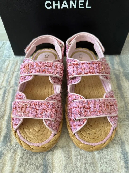 Chanel Pink and Red Tweed Dad Sandals Braided Raffia Sole Pink CC Logos 22P