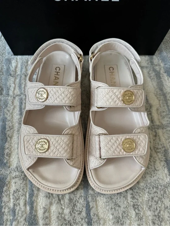 Chanel Light Pink Leather Dad Sandals with Gold Medallion CC Buttons