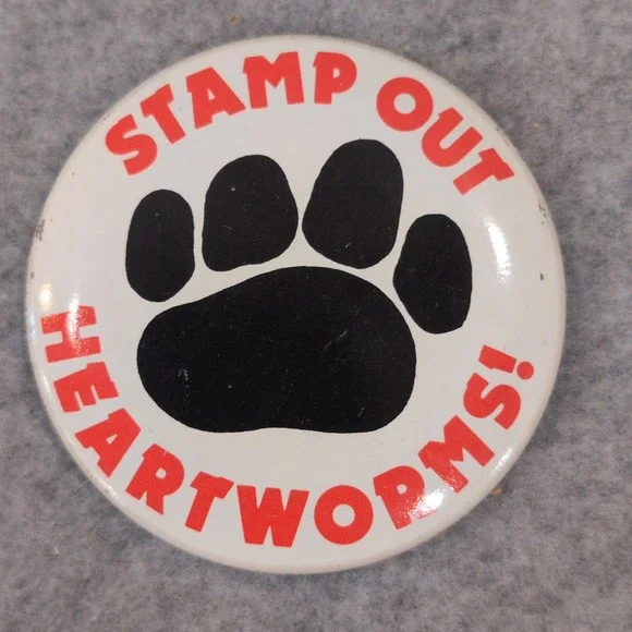 Vintage Stamp Out Heartworms Paw Print Round Pin Button Badge‎ Retro Dog Cat