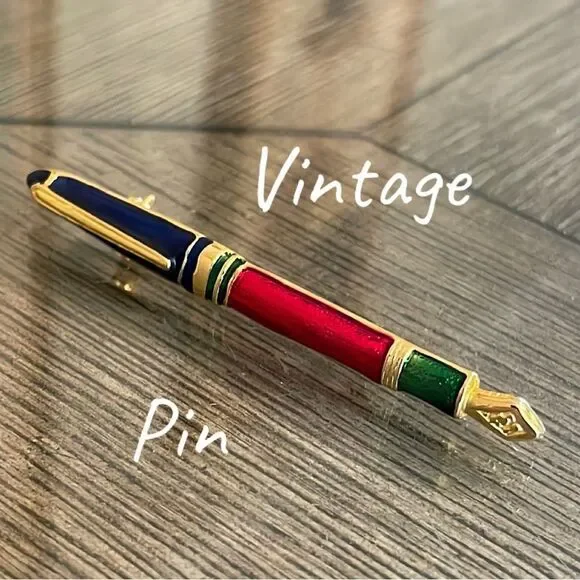 Vintage Style Fountain Pen Pin Navy Blue, Red & Green Enamel Accents