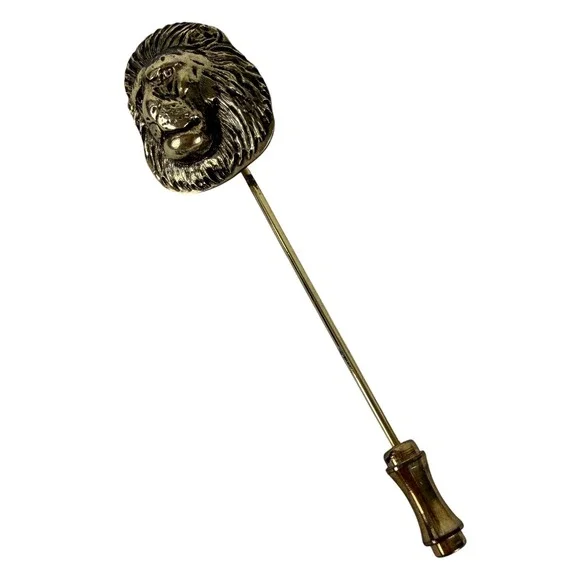 Vintage Gold Tone Lion Head Stick Pin Regal Animal Lapel Hat Pin with End Cap