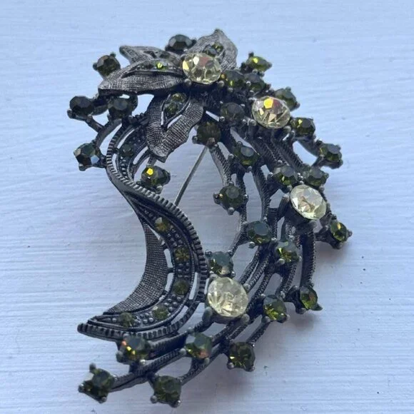 Vintage Floral Rhinestone Brooch with Green Crystals