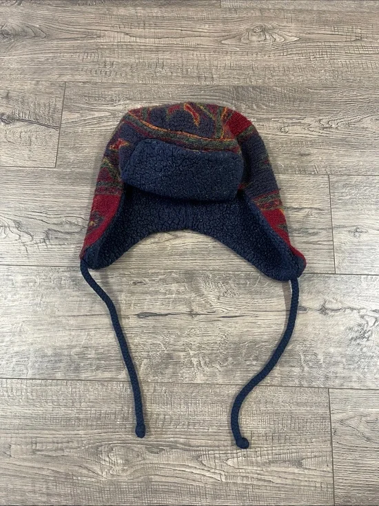L.L. Bean Navy Fleece Earflap Hat with Red Accent Pattern