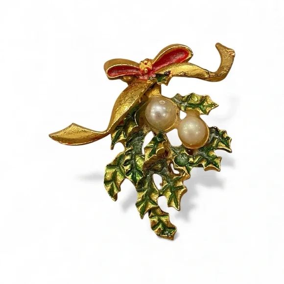 Christmas Brooch Holly Gold Tone Red Bow Faux Pearls‎ Festive