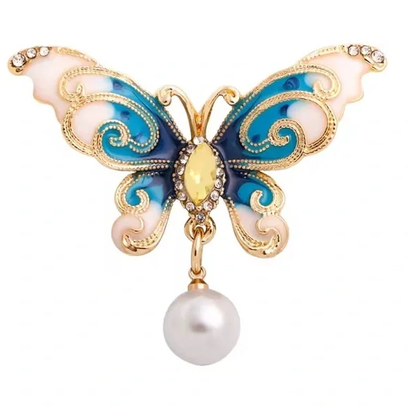 vintage colourful blue and Gold Butterfly Brooch