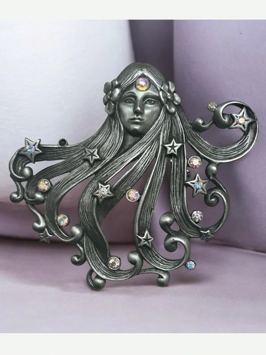 Vintage Signed JJ Pewter AB Rhinestone Boho Art Nouveau Brooch