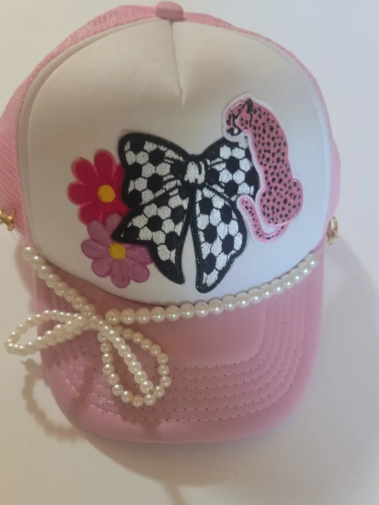 Pink Embellished Trucker Hat with Bow & Leopard Patch Nee Kids Pink